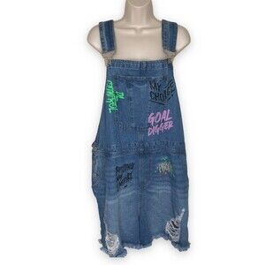Spoon Graffiti Graphic Short Overalls Denim Blue Jean Shortalls Women Size 2X